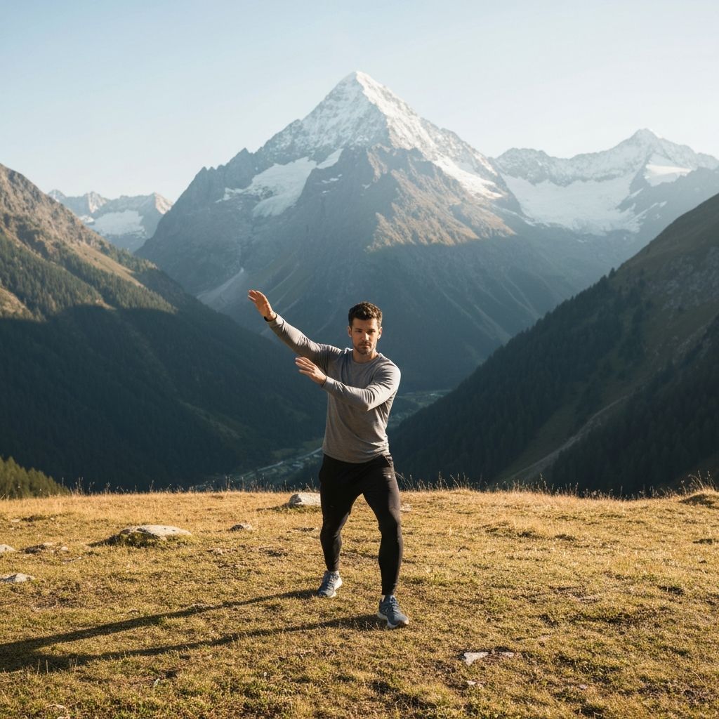 Man performing stretches and functional movements in nature